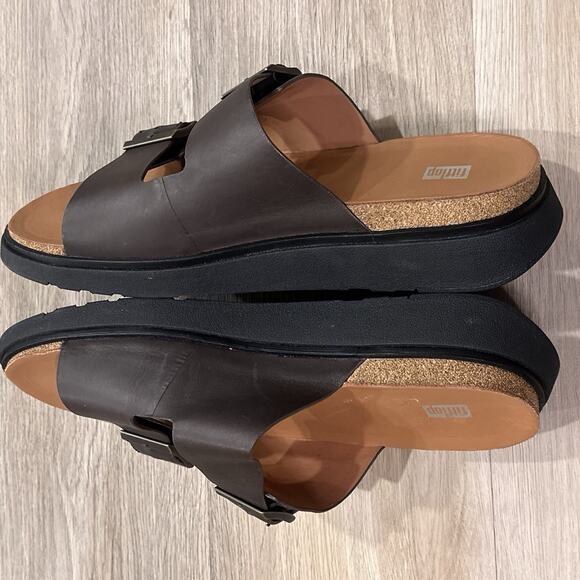 FitFlop NEW GEN-FF Men’s 12 Buckle Two-Bar Brown Leather Slides Sandals main image 12